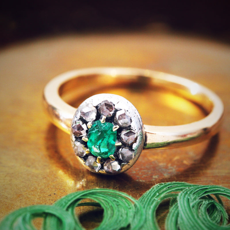 Antique Emerald and Rose Cut Diamond Cluster Ring