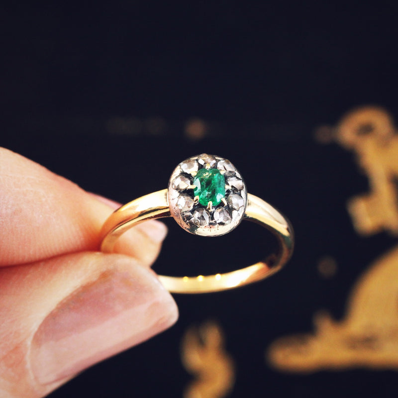 Antique Emerald and Rose Cut Diamond Cluster Ring