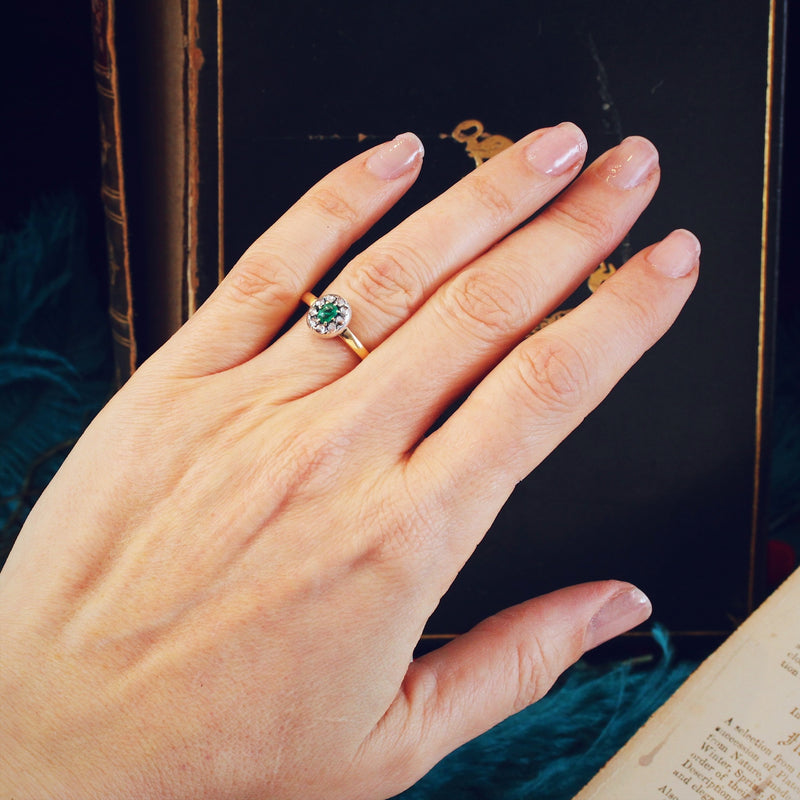 Antique Emerald and Rose Cut Diamond Cluster Ring