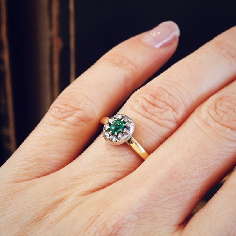 Antique Emerald and Rose Cut Diamond Cluster Ring