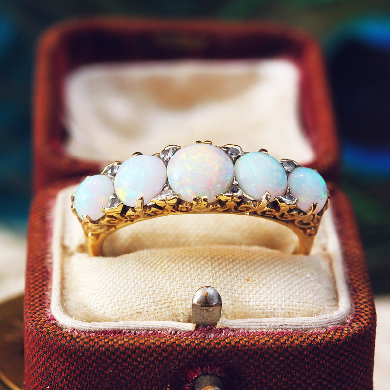 Victorian Antique Opal and Diamond Three Stone Ring - Jewellery Discovery
