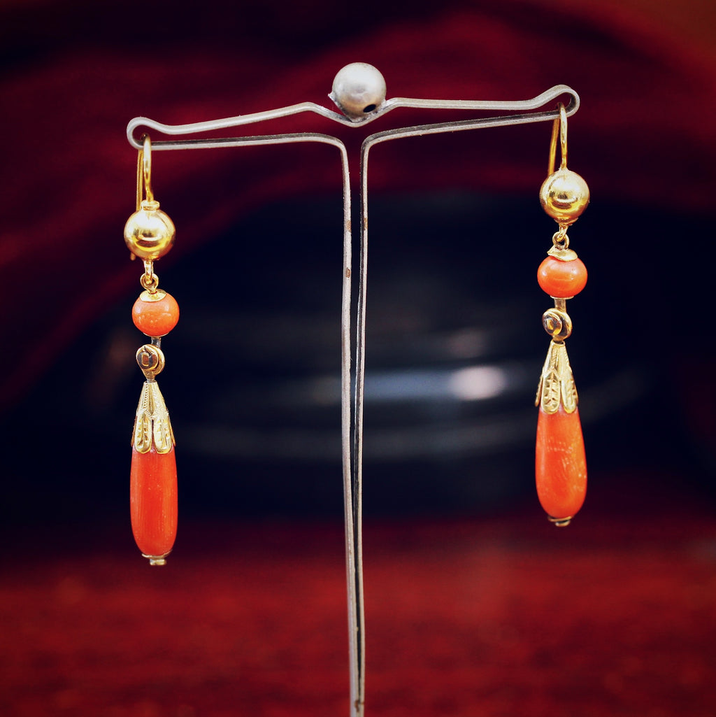 Stunning Art Deco Gold Coral and Jet Earrings - Ruby Lane