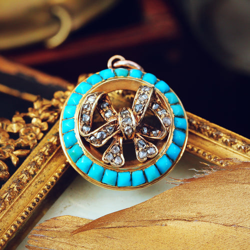 Antique 18ct Gold Victorian Turquoise and Diamond Pendant