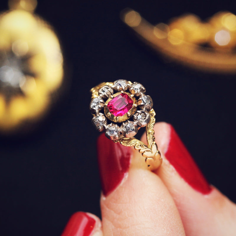 Rare Early Victorian Ruby & Diamond Blossom Ring