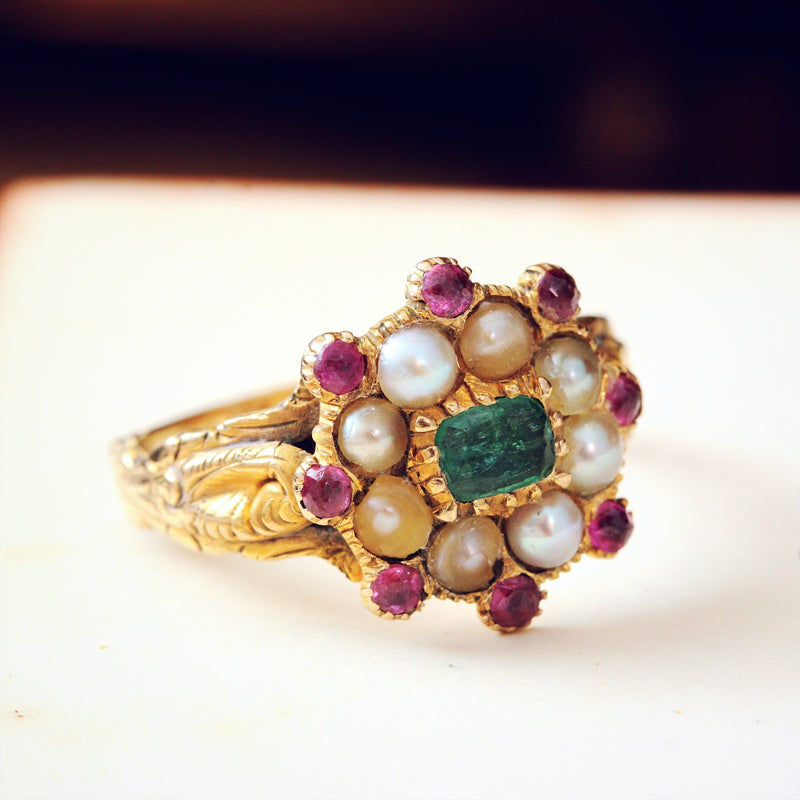 Exquisite Antique Georgian Emerald, Pearl and Ruby Ring