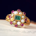 Exquisite Antique Georgian Emerald, Pearl and Ruby Ring