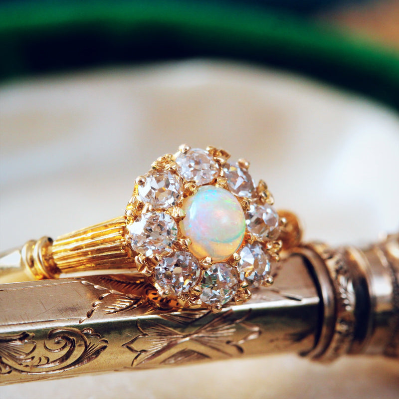 Antique Date 1890 Opal & Diamond Blossom Ring