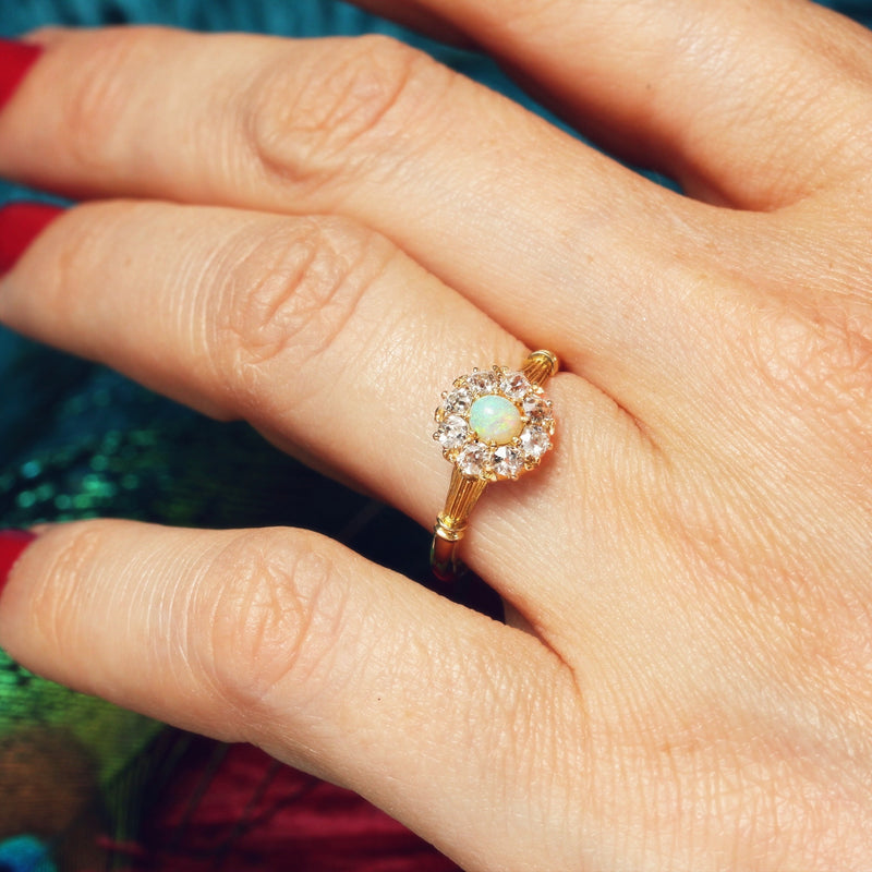 Antique Date 1890 Opal & Diamond Blossom Ring