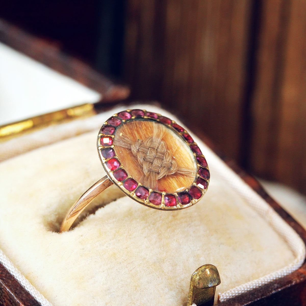 Antique Georgian Garnet Woven Hair Memorial Ring