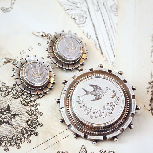 Antique Victorian Silver Set of Earrings & Brooch