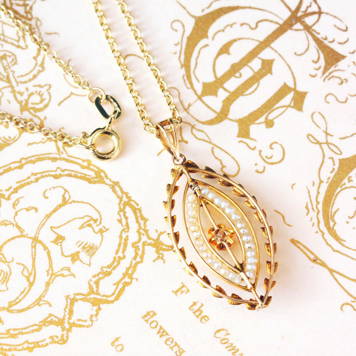 Antique Edwardian Era Diamond & Seed Pearl Pendant