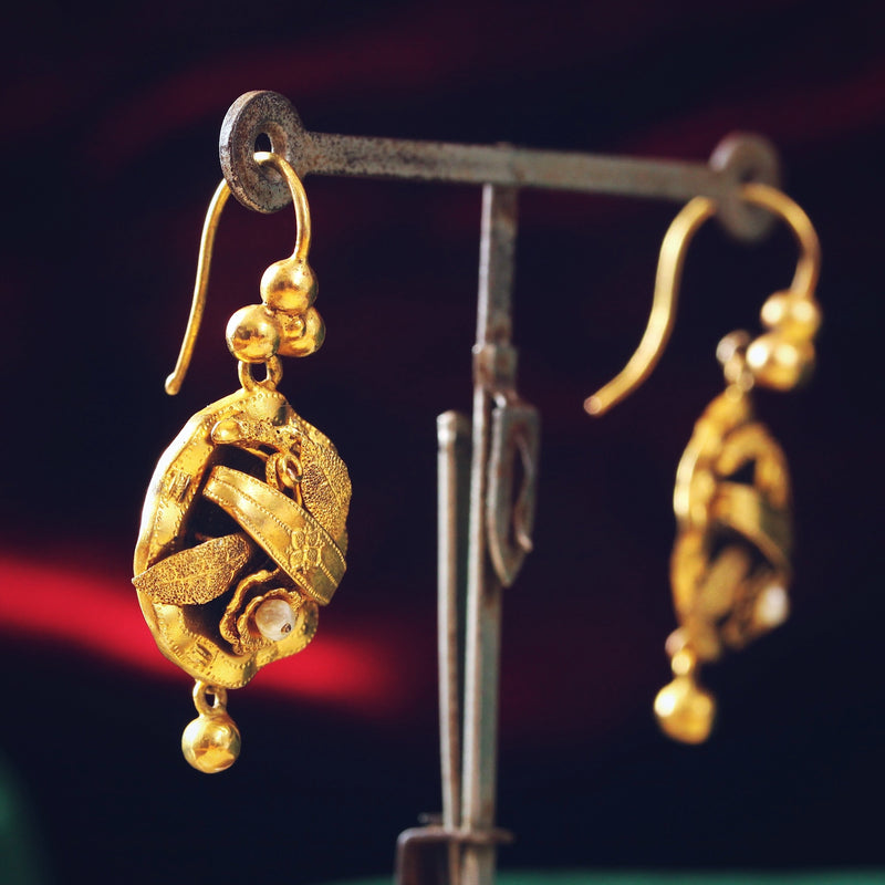 Adorable Circa 1860's Floral Pinchbeck Drop Earrings