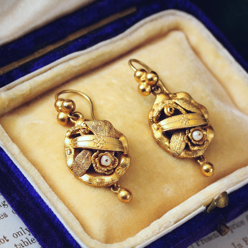 Circa 1860's Floral Pinchbeck Drop Earrings