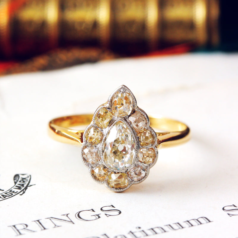 Pear Shaped  Hand Cut Diamond Cluster Ring