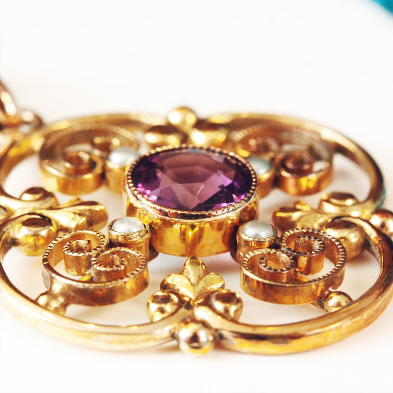 Edwardian Amethyst and Pearl Pendant and Chain