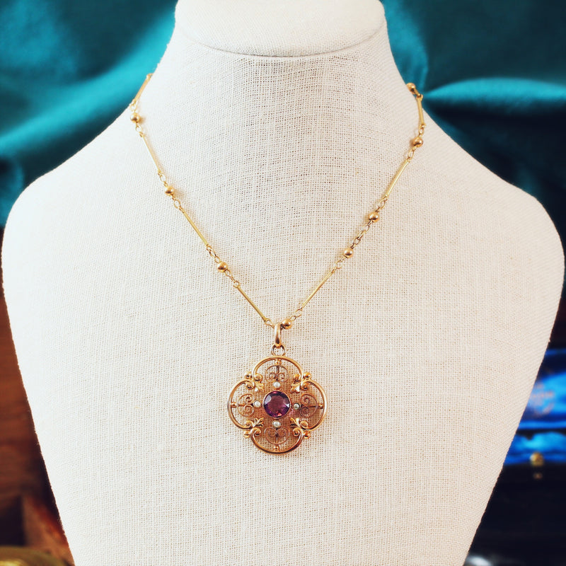 Antique 9ct Gold Amethyst and Pearl Pendant and Chain