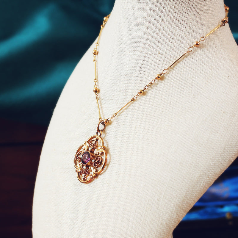 Edwardian Amethyst and Pearl Pendant and Chain