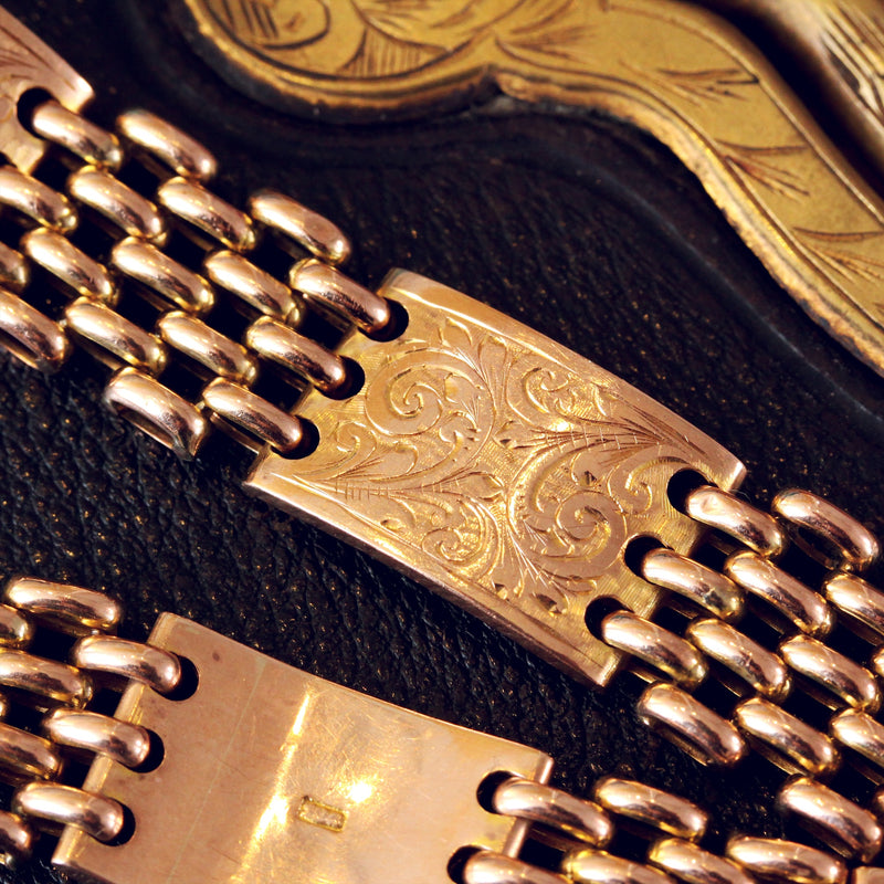 Antique Hand Engraved 9ct Gold Gate Bracelet