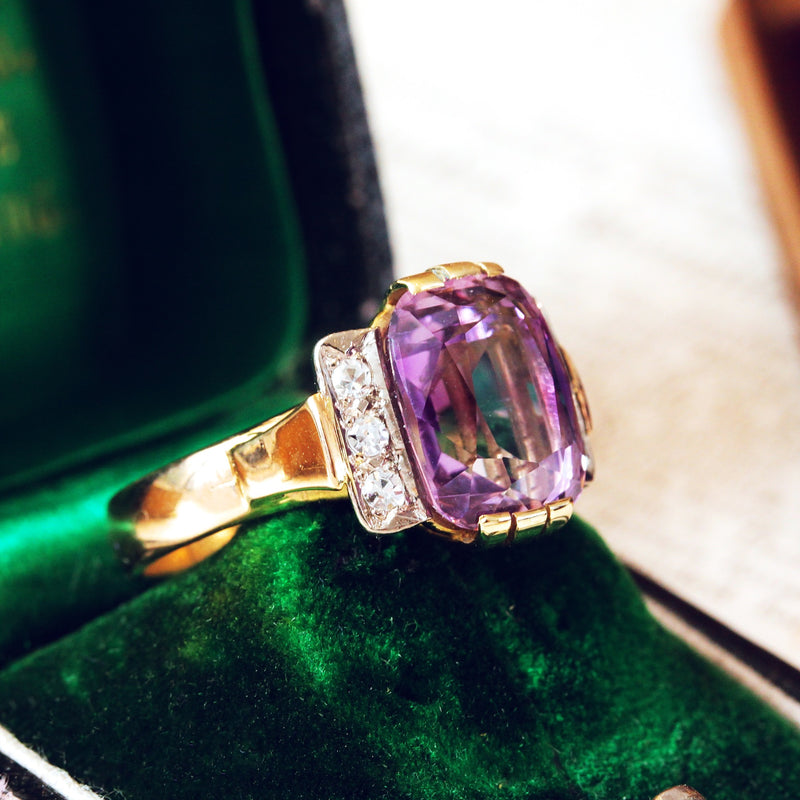 Vintage Trillion Cut Amethyst & Diamond Ring in 14K Gold - Ruby Lane