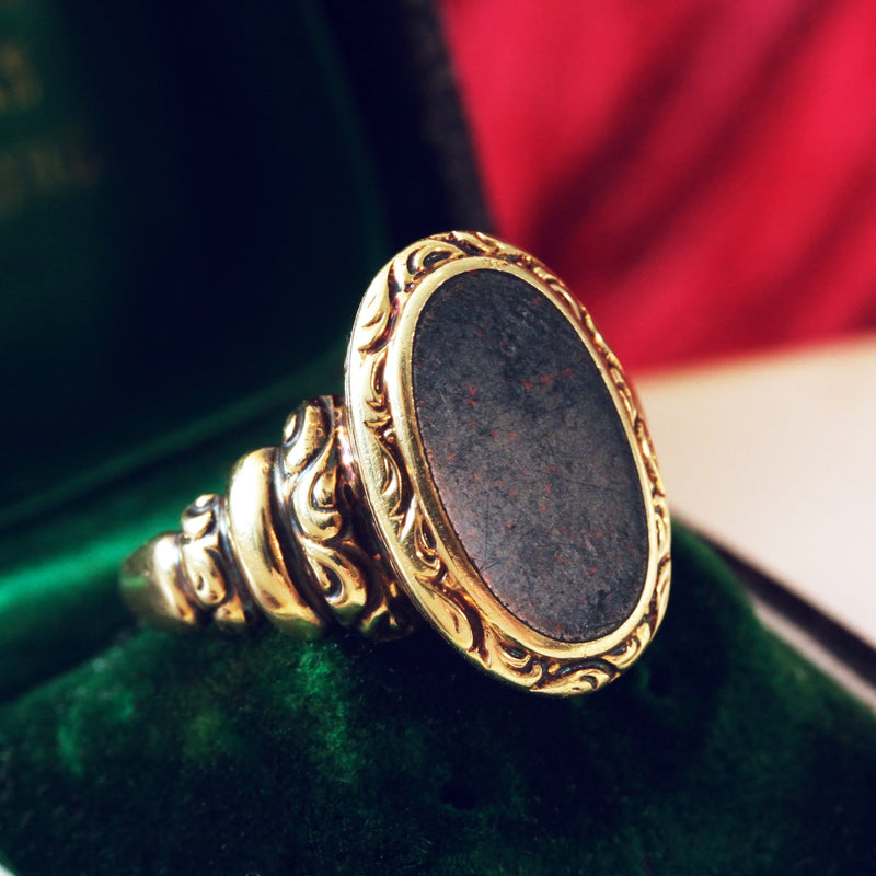 Rococo Styled 14ct Gold Bloodstone Signet Ring