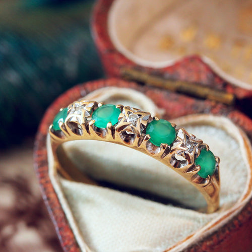 Green Agate and Diamond Band Ring