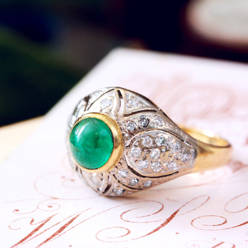 Vintage Deco Style Emerald & Diamond Boule Cocktail Ring