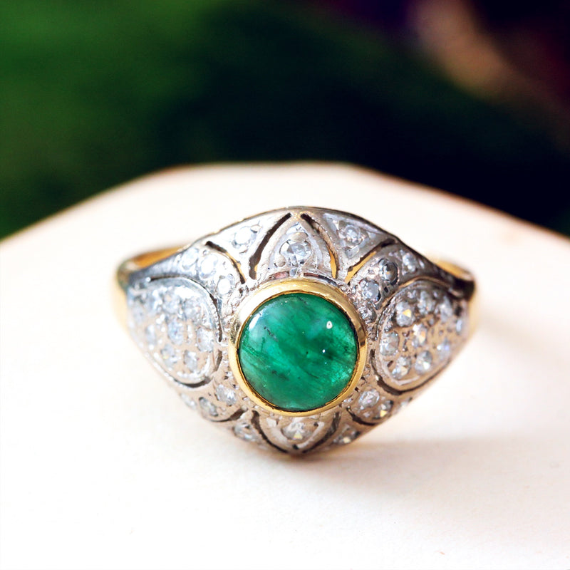 Vintage Deco Style Emerald & Diamond Boule Cocktail Ring