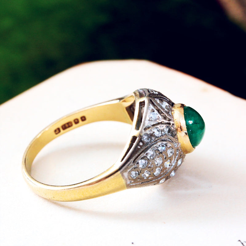 Fantastic Deco Style Emerald & Diamond Boule Cocktail Ring