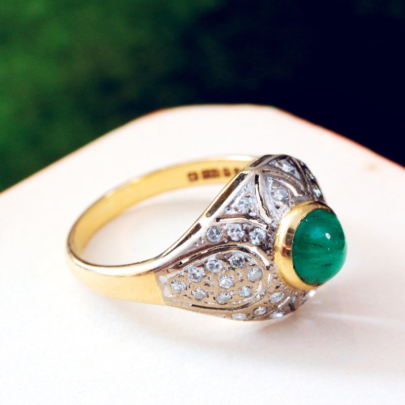 Vintage Deco Style Emerald & Diamond Boule Cocktail Ring