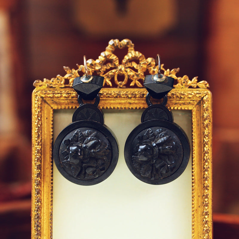 Antique Victorian Whitby Jet Cameo Earrings