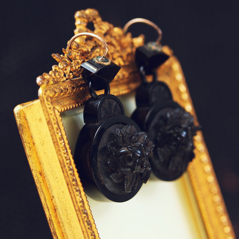 Antique Victorian Whitby Jet Cameo Earrings