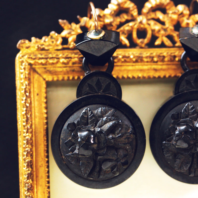 Antique Victorian Whitby Jet Cameo Earrings