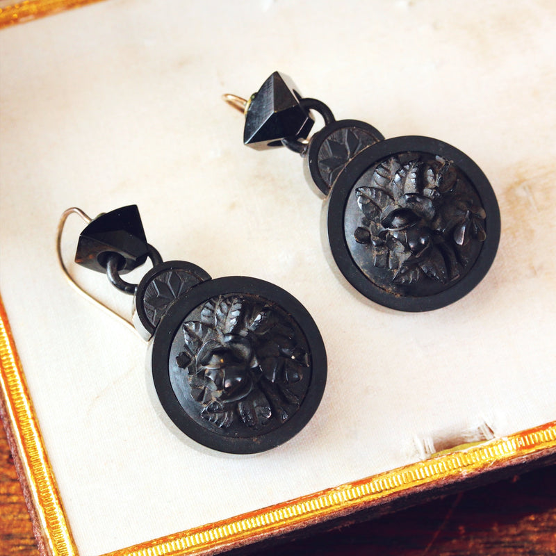 Antique Victorian Whitby Jet Cameo Earrings