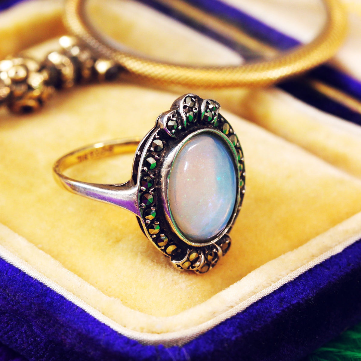 Vintage 1950's Art Deco Opal & Marcasite Dress Ring