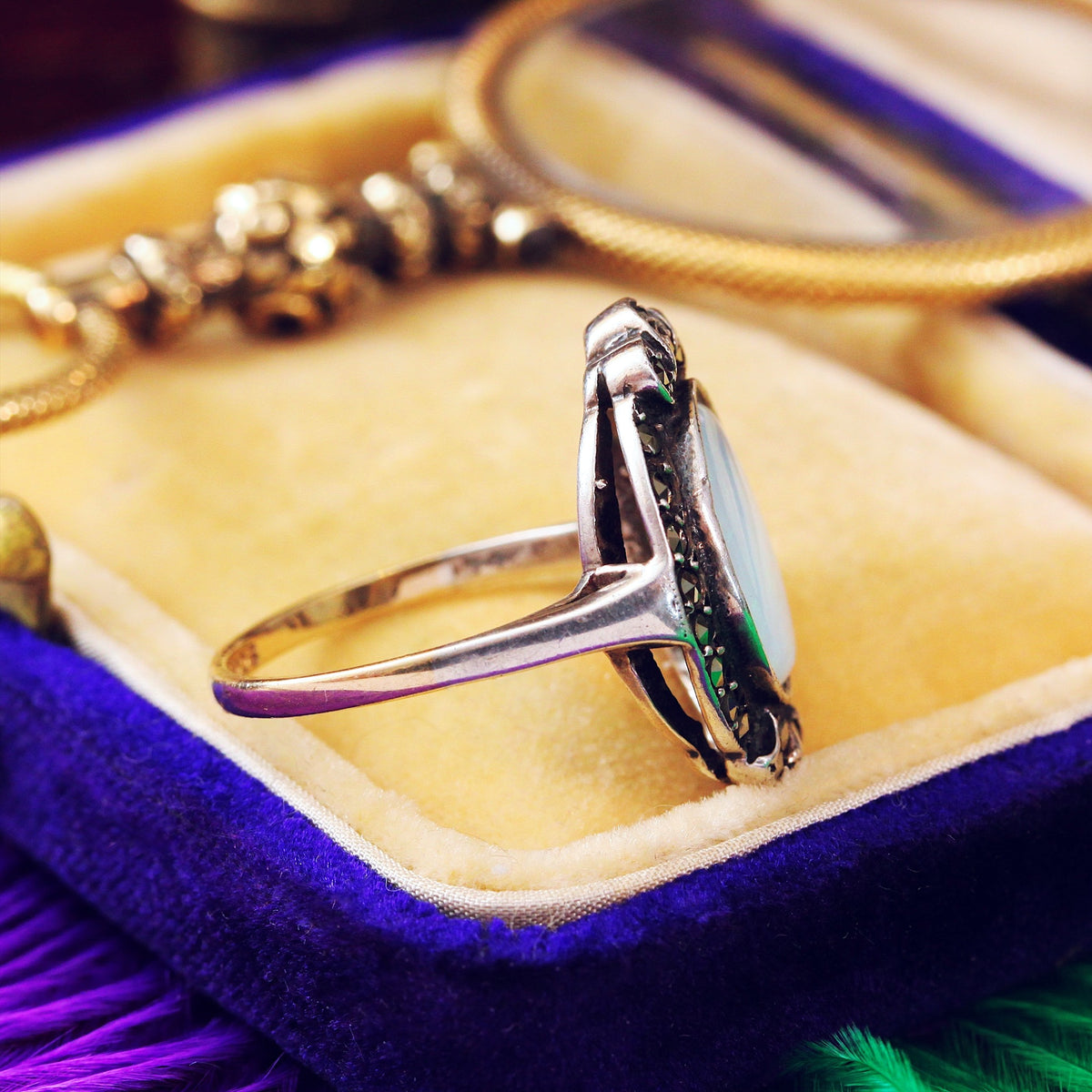 Vintage 1950's Art Deco Opal & Marcasite Dress Ring