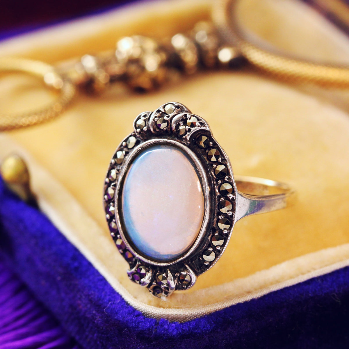 Vintage 1950's Art Deco Opal & Marcasite Dress Ring