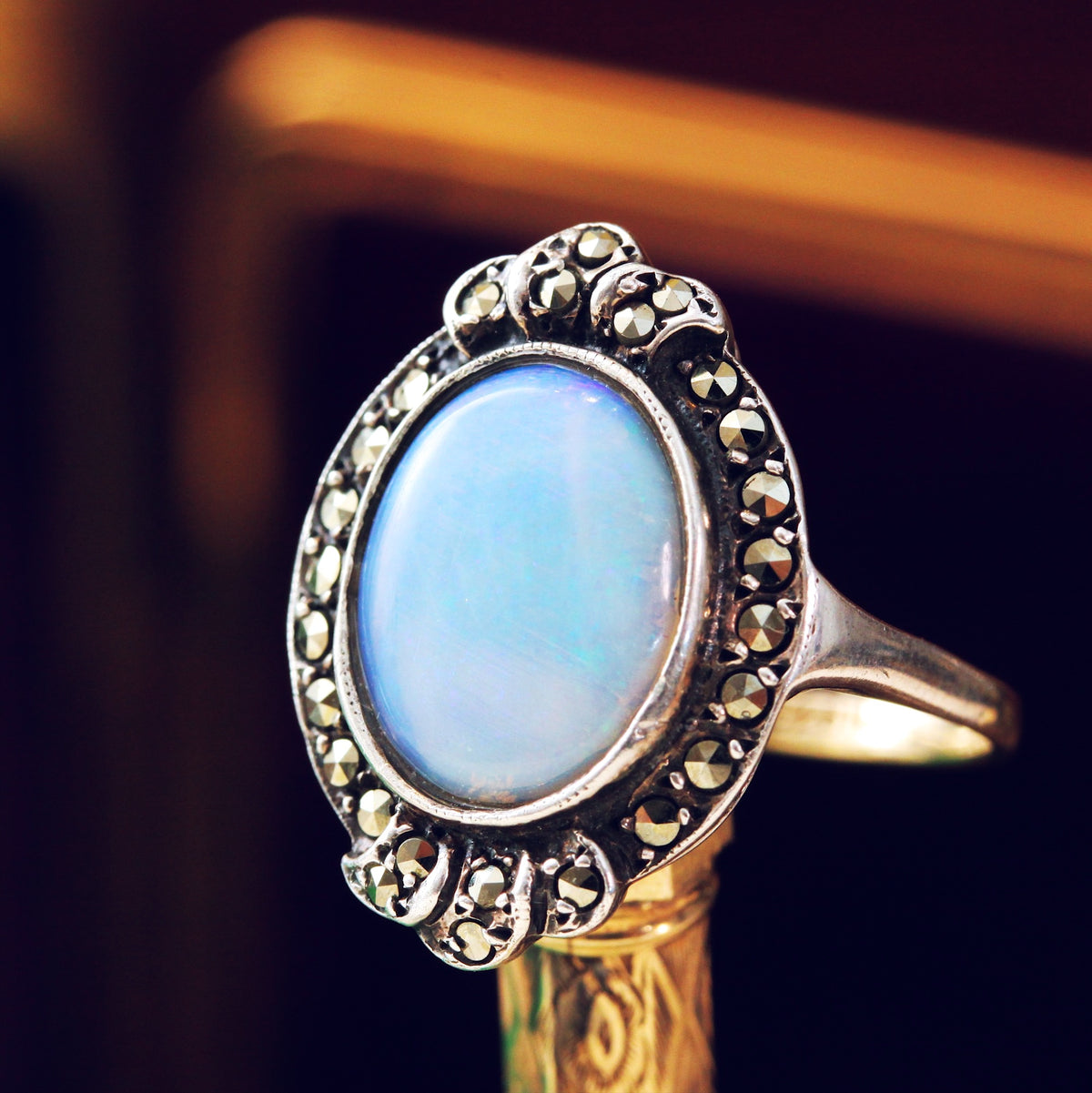 Vintage 1950's Art Deco Opal & Marcasite Dress Ring