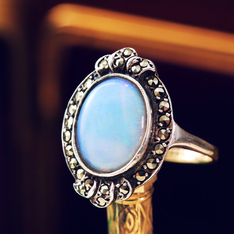 Vintage 1950's Art Deco Opal & Marcasite Dress Ring