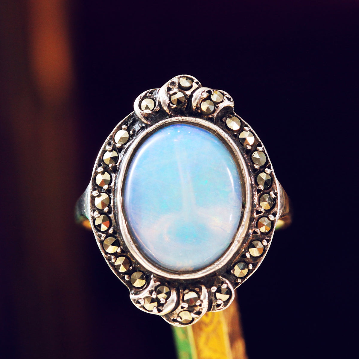 Vintage 1950's Art Deco Opal & Marcasite Dress Ring