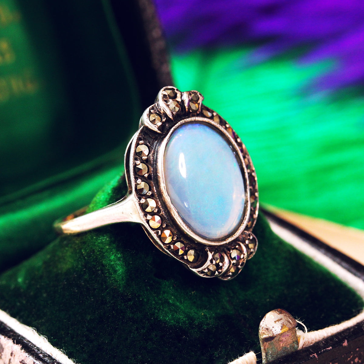 Vintage 1950's Art Deco Opal Marcasite Dress Ring