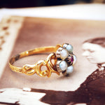 Circa 1840 Wild Pearl & Ruby Pansy Ring