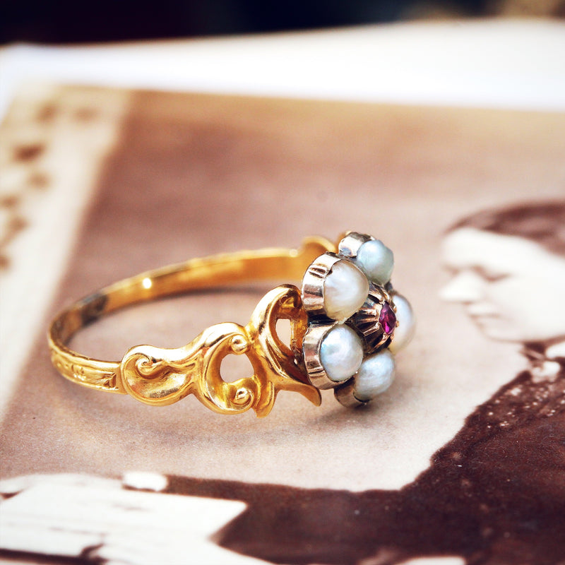 Circa 1840 Wild Pearl & Ruby Pansy Ring