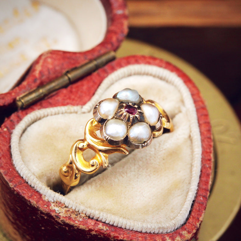 Antique Wild Pearl & Ruby Pansy Ring