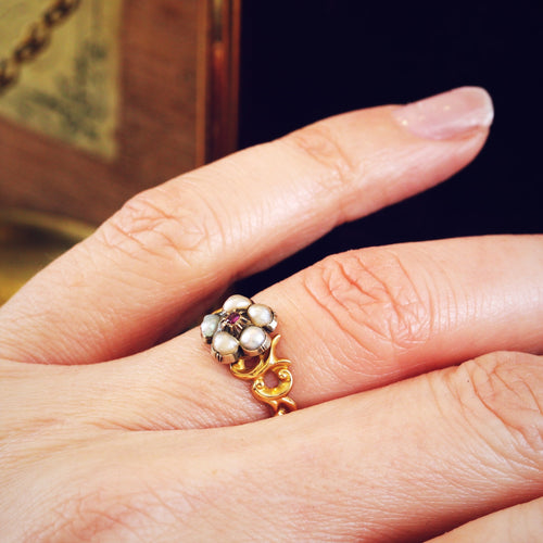 Antique Wild Pearl & Ruby Pansy Ring