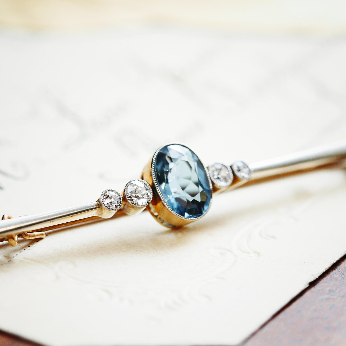 Pristine Antique Aquamarine & Diamond Bar Brooch