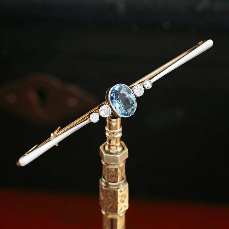 Pristine Antique Aquamarine & Diamond Bar Brooch