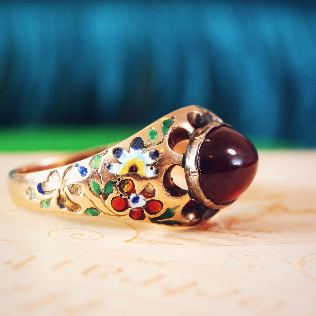 Antique Cabochon Garnet Renaissance Revival Enamelled Ring