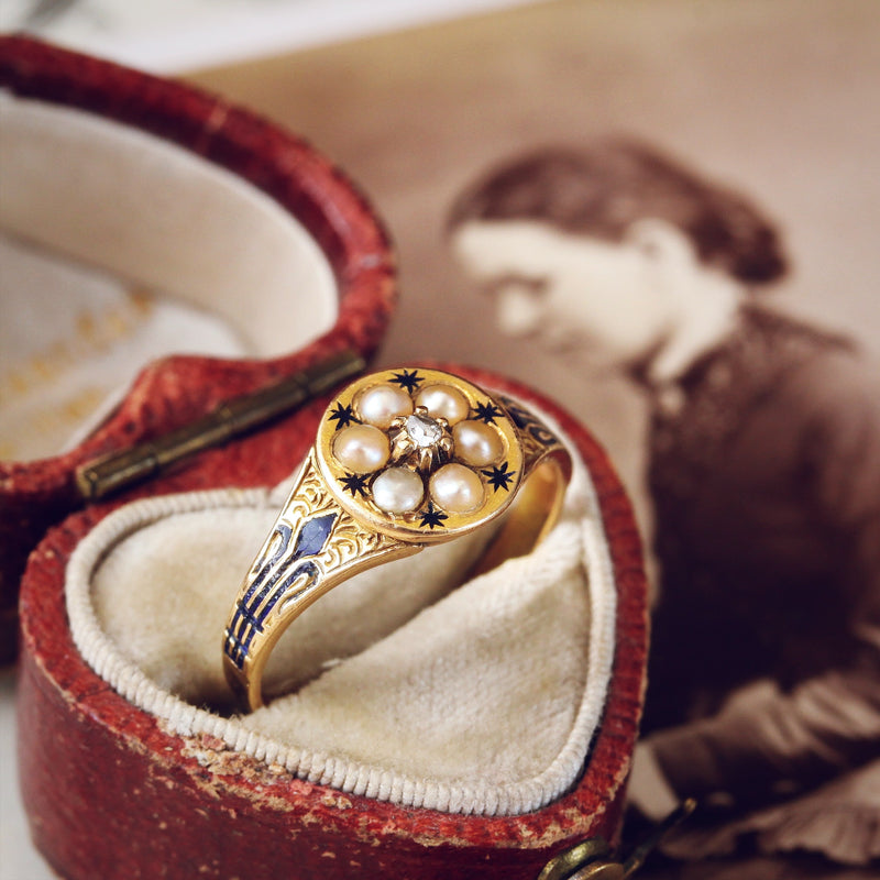 Enchanting Lovelee Date 1863 Enamelled Pearl Ring