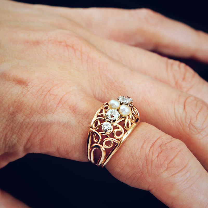 Vintage Diamond & Pearl Boule Cocktail Ring