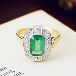 Vintage 1970s Deco Emerald and Diamond Cocktail Ring